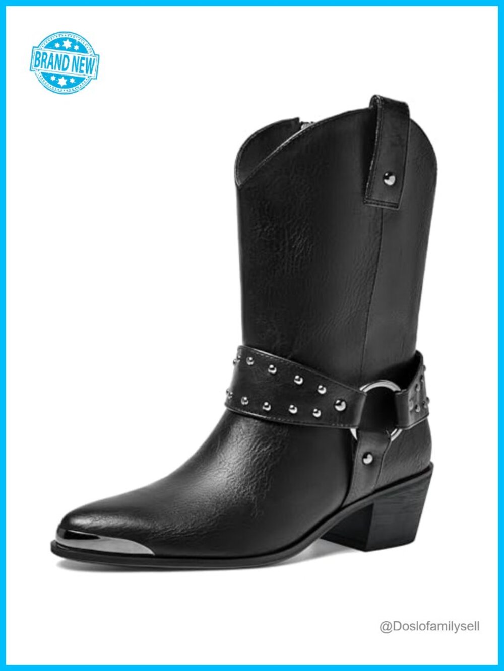 Women's Pointed Toe Western Ankle Boots Harness Zip Block Heel